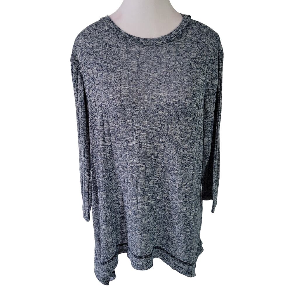 Chico's Zenergy Size 2 US L Blue Bandana Hem Crewneck 3/4‎ Sleeve Check Knit Top